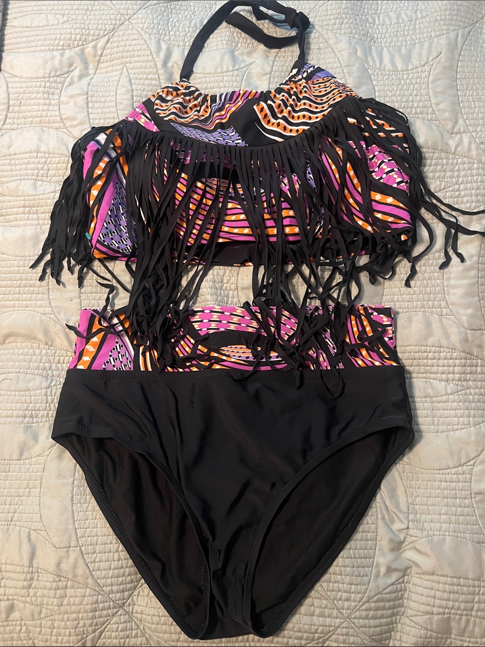 Fringed Two-Piece Swimsuit in Black with Pink & Orange Pattern